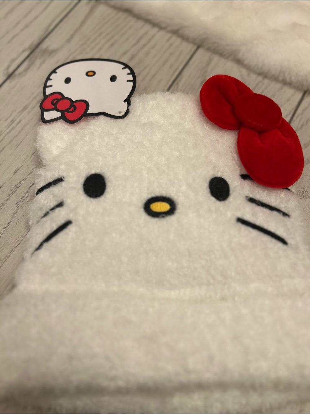 Sanrio Hello Kitty White Fuzzy Beanie with Red Bow
